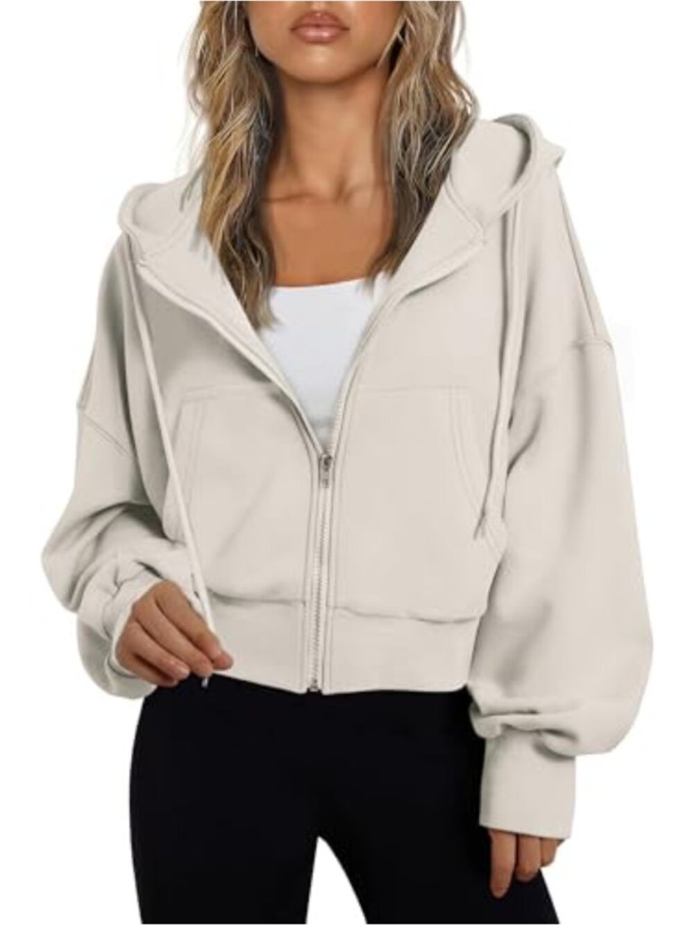 Oversized Cropped Zip Up Hoodie Drop Shoulder Pockets Cotton Polyester